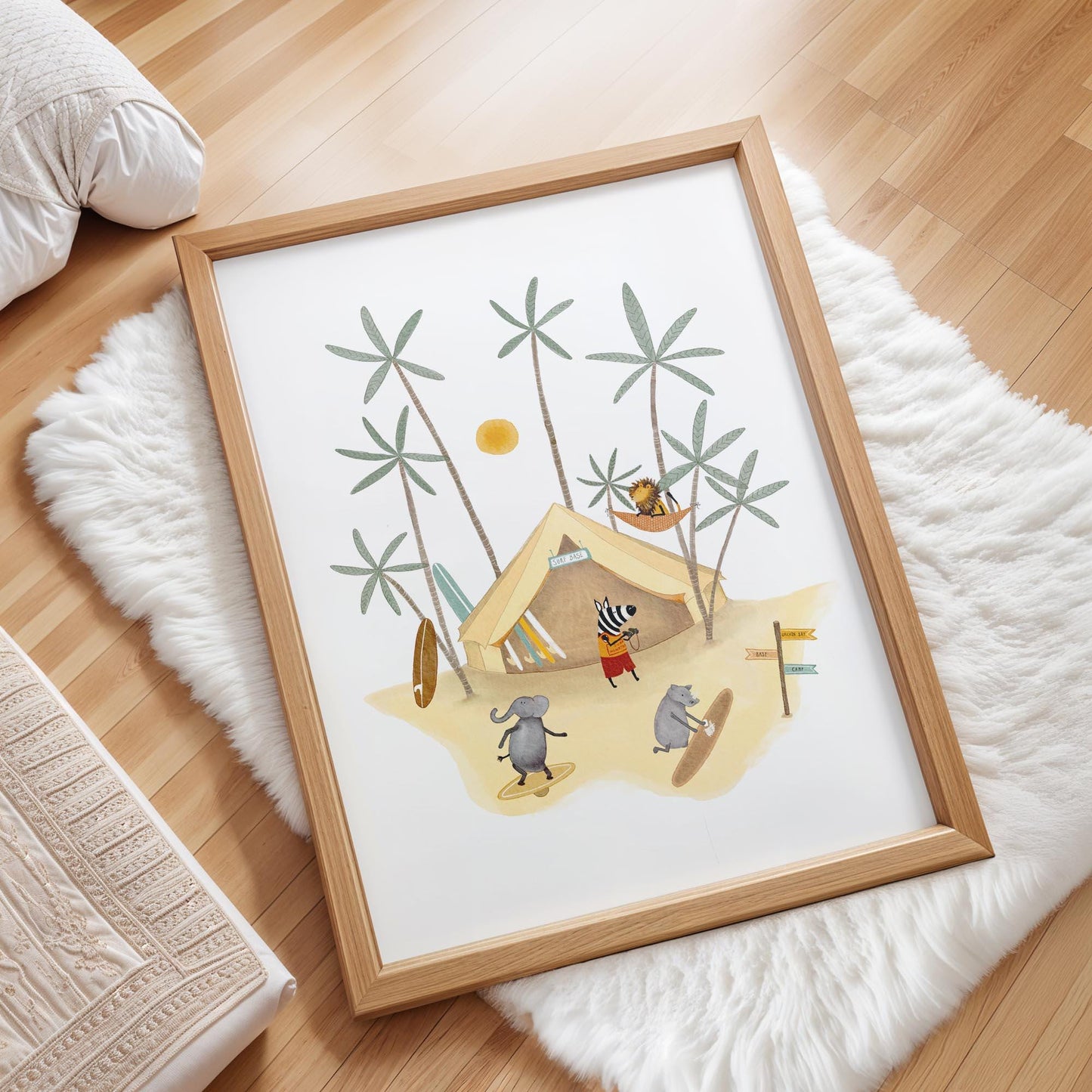 Boho Nursery Wall Art – Whimsical Surf Animal Print | Hand Painted Tropical Decor