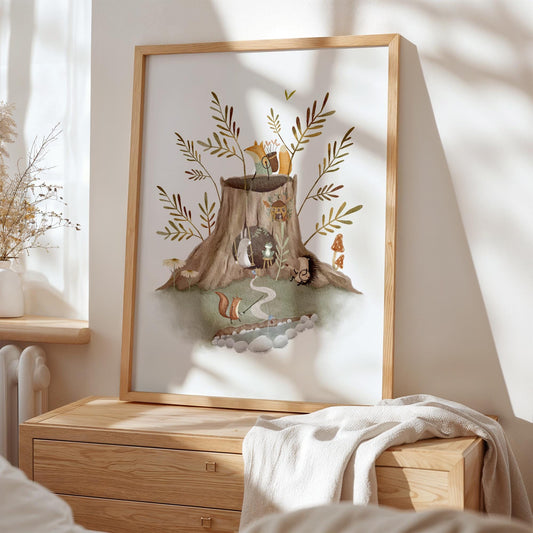 Woodland Nursery Art | Forest Animal Print & Tree Stump Illustration for Kids Room