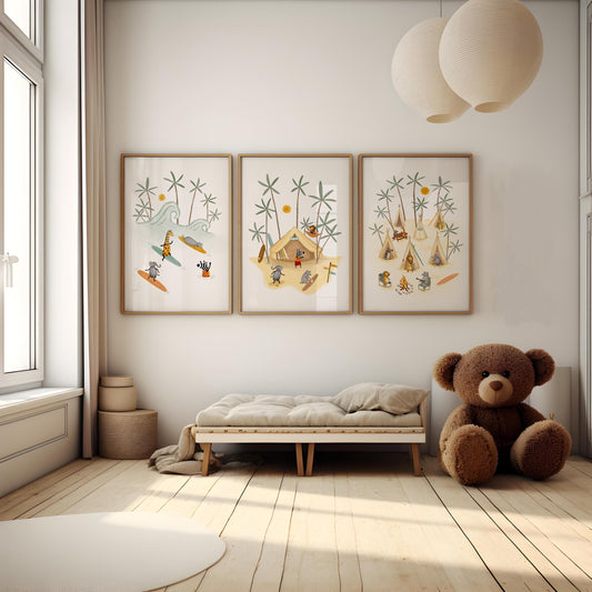 Safari Nursery Wall Art | Animal Surf Prints for Kids Beach Room | Boho Decor