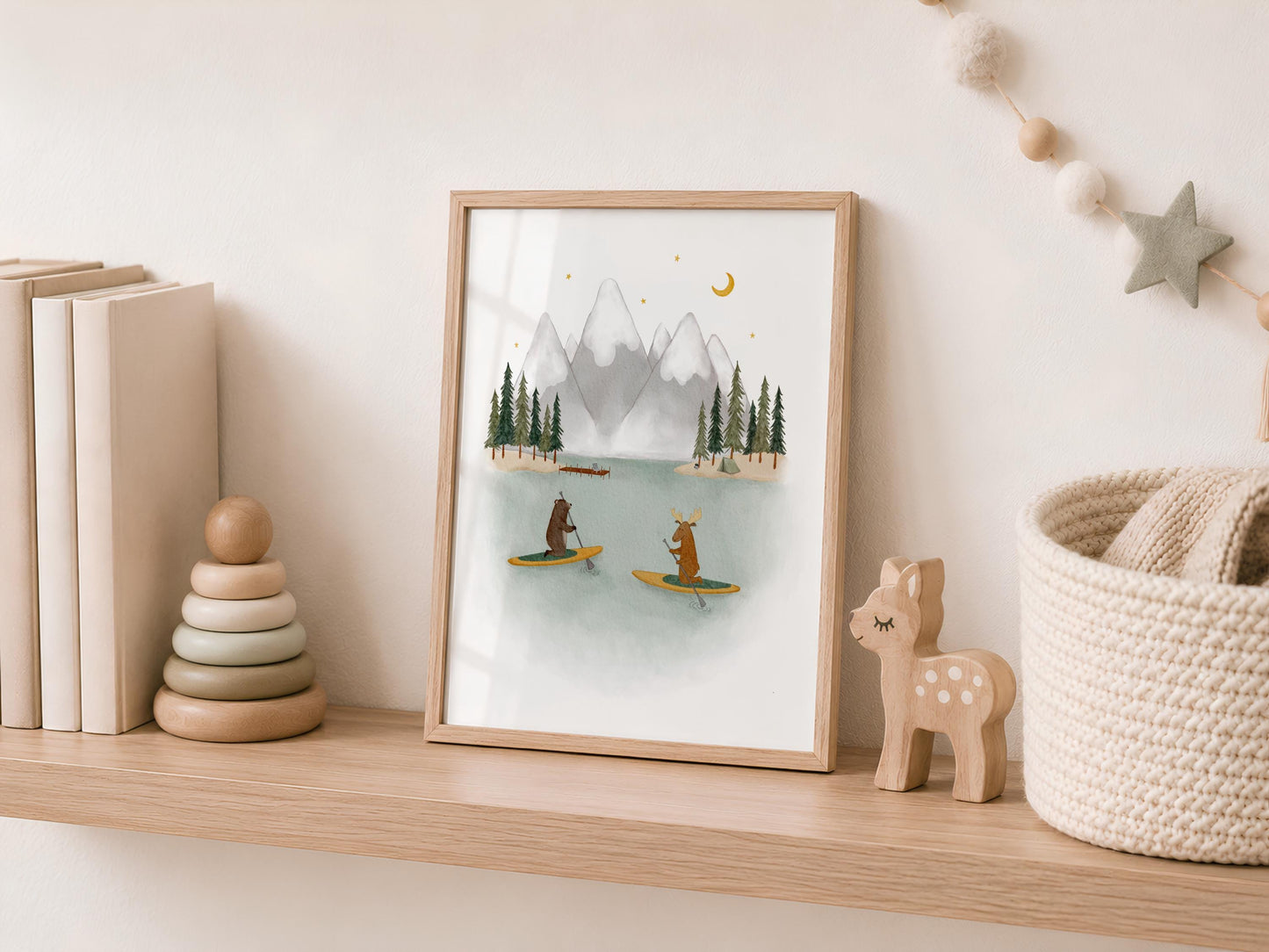 Woodland animals adventure poster for baby shower — muted blue and green watercolor scene with crescent moon aesthetic