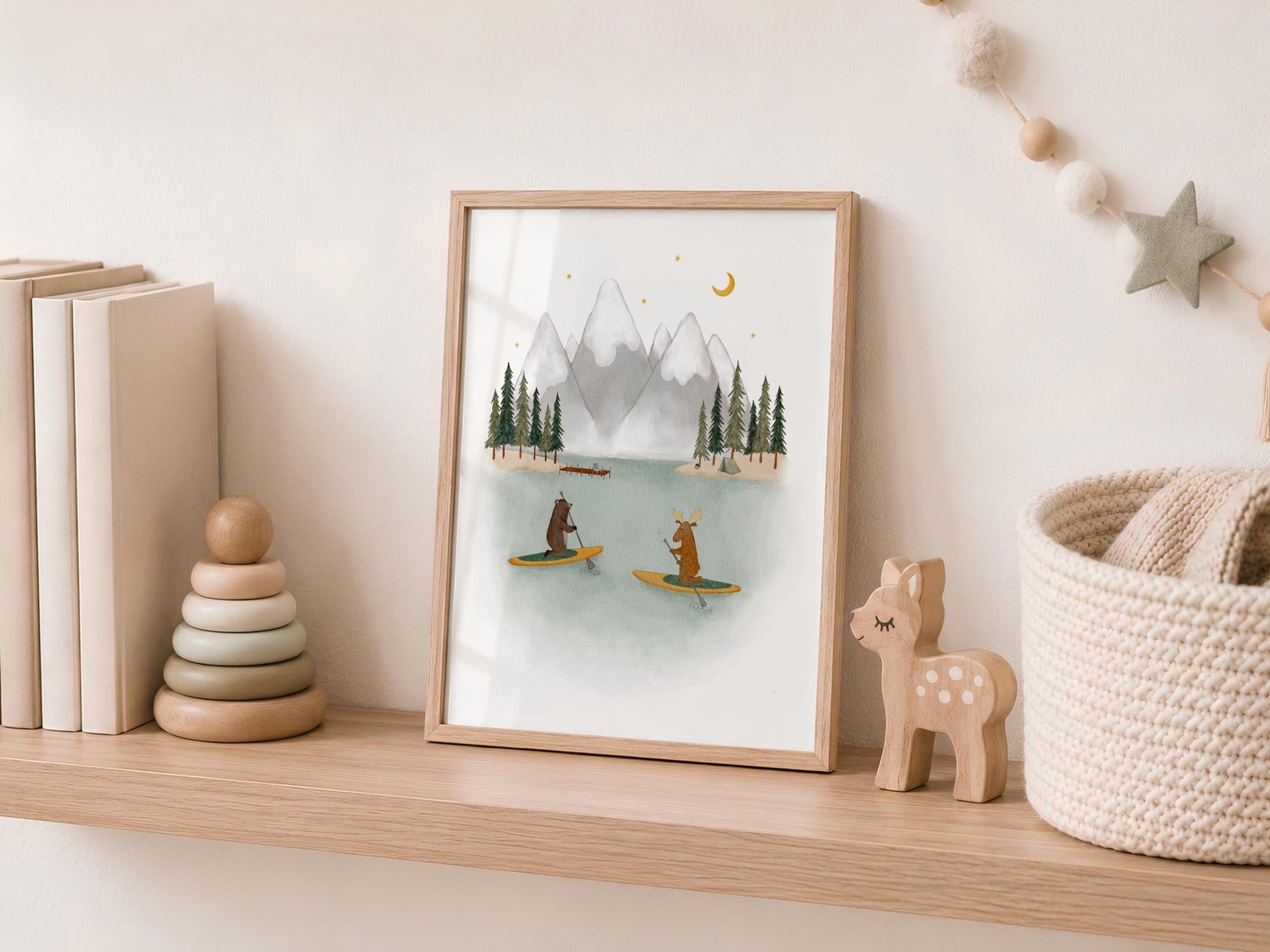 Woodland animals adventure poster for baby shower — muted blue and green watercolor scene with crescent moon aesthetic
