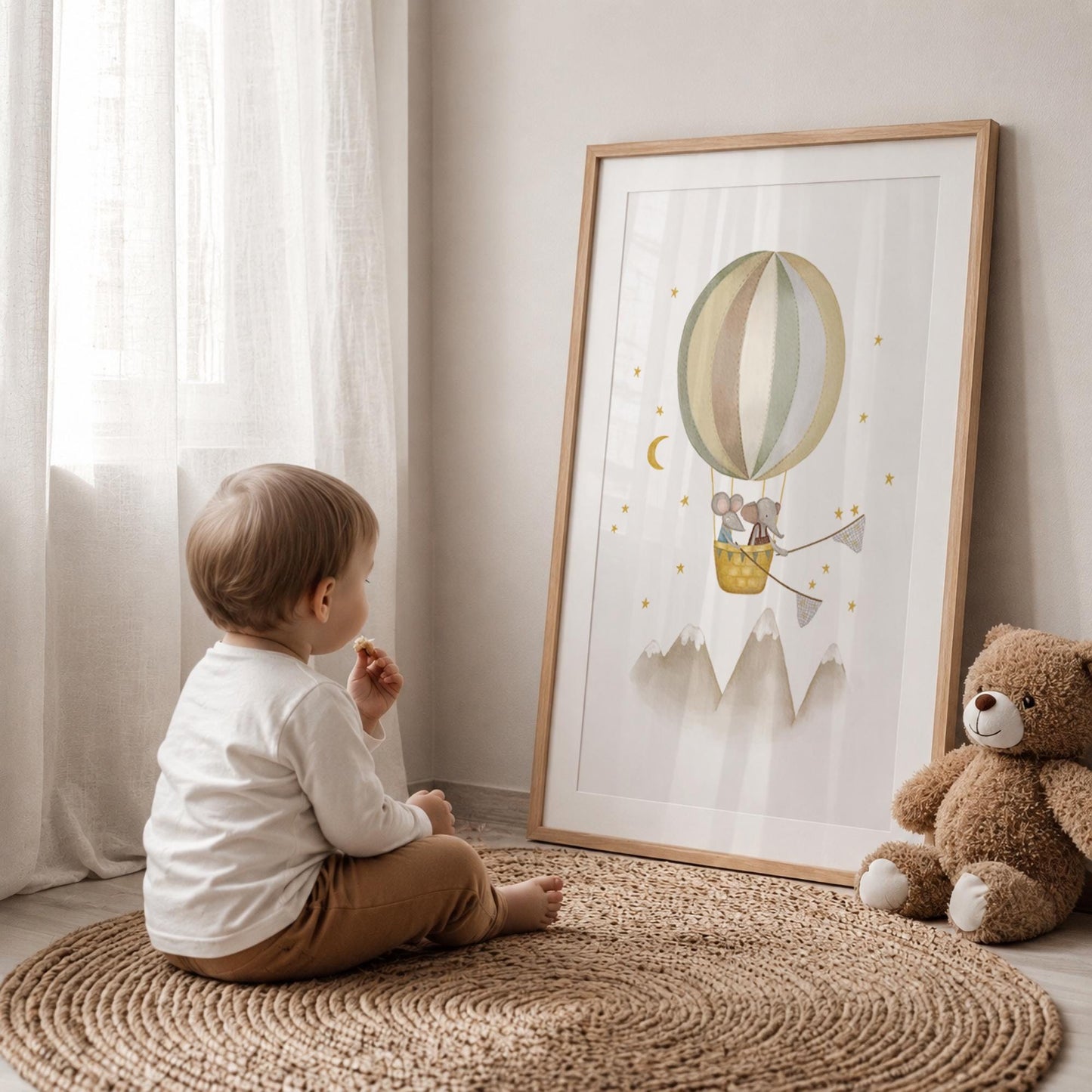 Baby elephant aerial adventure wall art for bedroom — gentle nursery print featuring moon, mountains, and warm beige tones