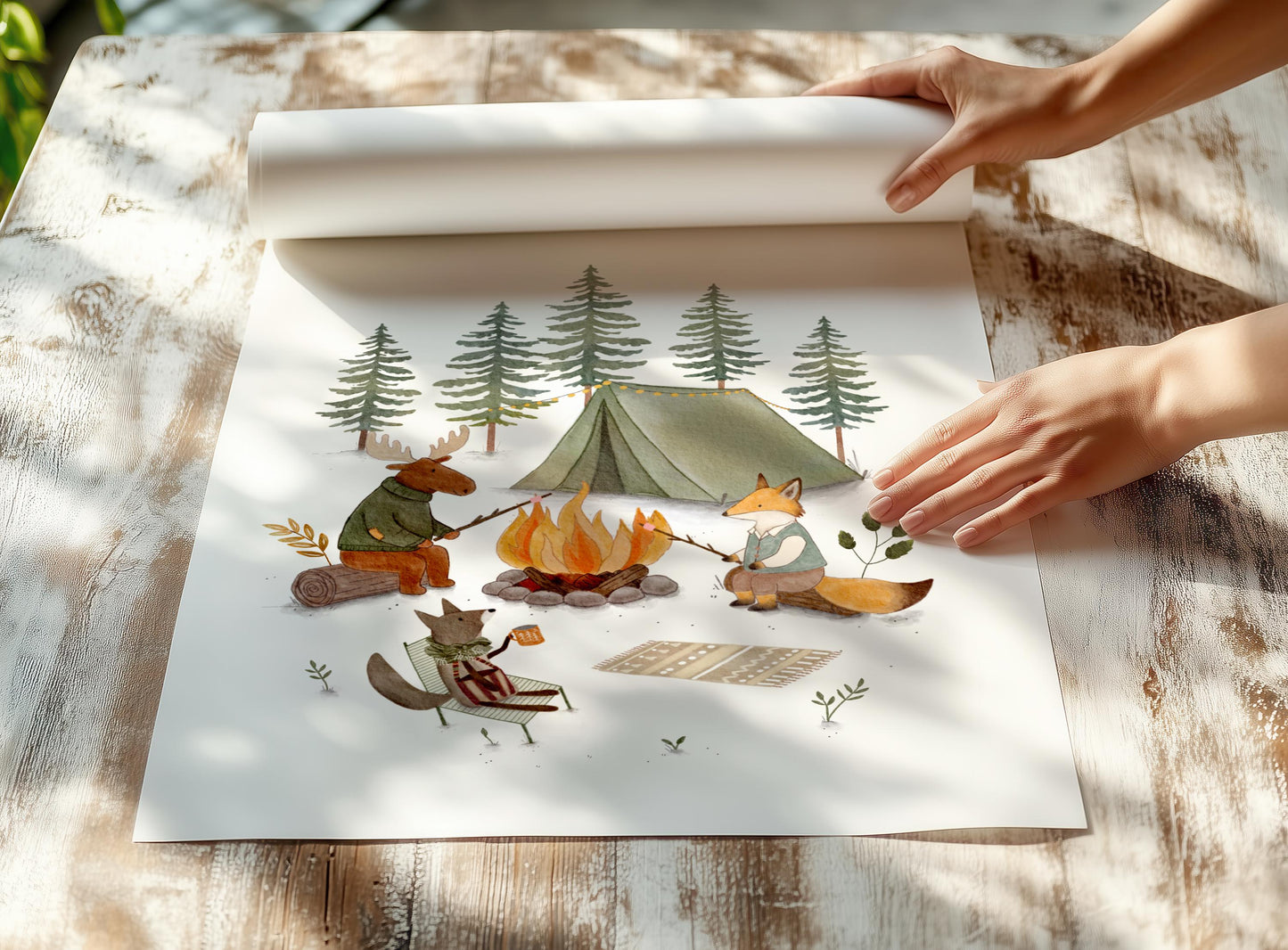 Nature-themed animal gathering poster for child's room — cute forest friends around fire, hand-illustrated in calming earthy colors