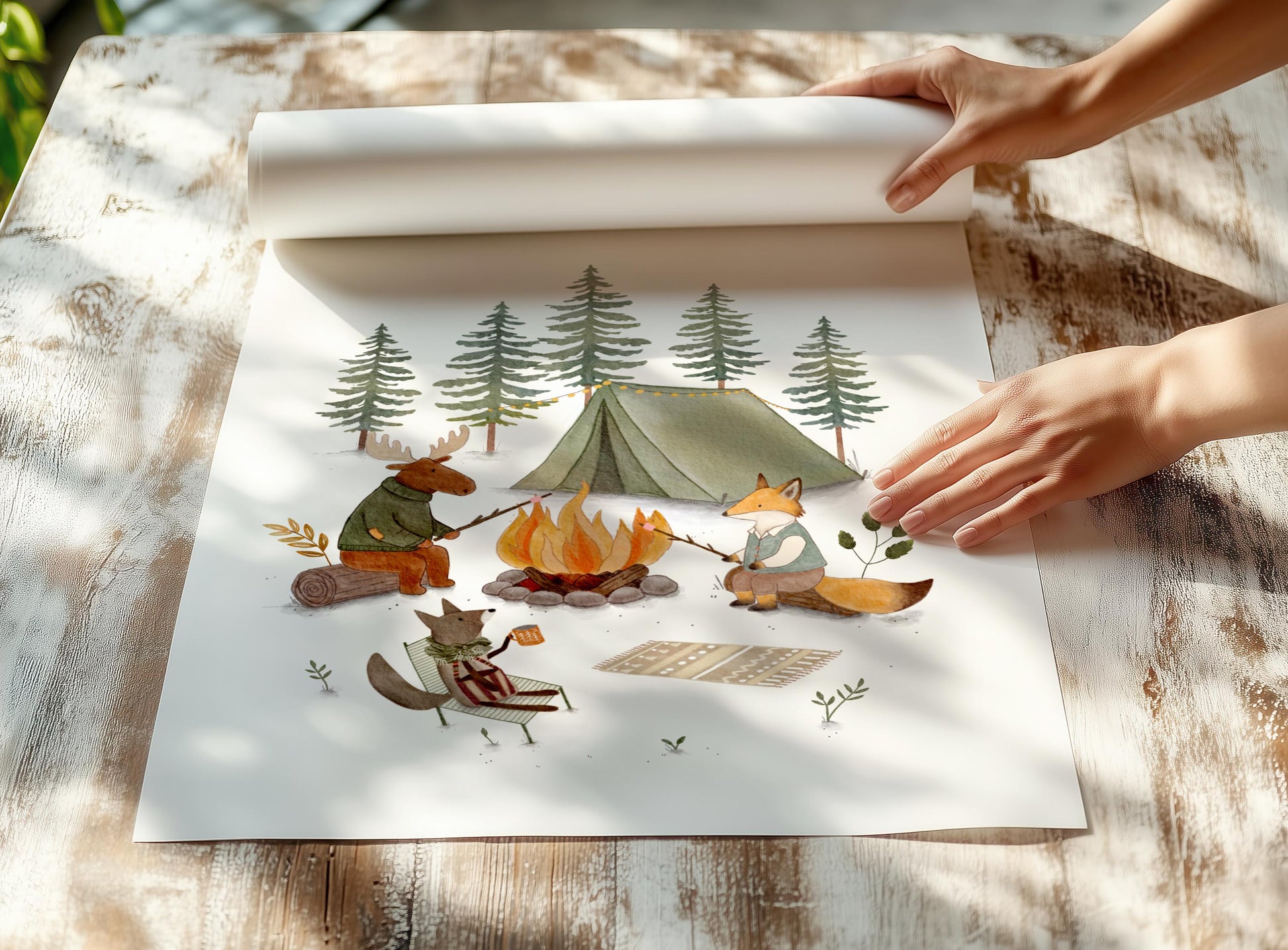 Nature-themed animal gathering poster for child's room — cute forest friends around fire, hand-illustrated in calming earthy colors