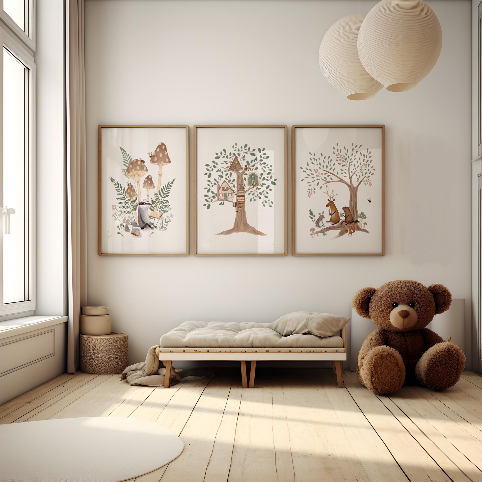 Nature-inspired art set for playroom — whimsical illustrations of forest animals and mushrooms, creating a calm, rustic atmosphere.