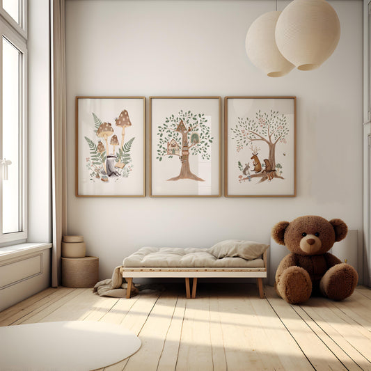 Nature-inspired art set for playroom — whimsical illustrations of forest animals and mushrooms, creating a calm, rustic atmosphere.
