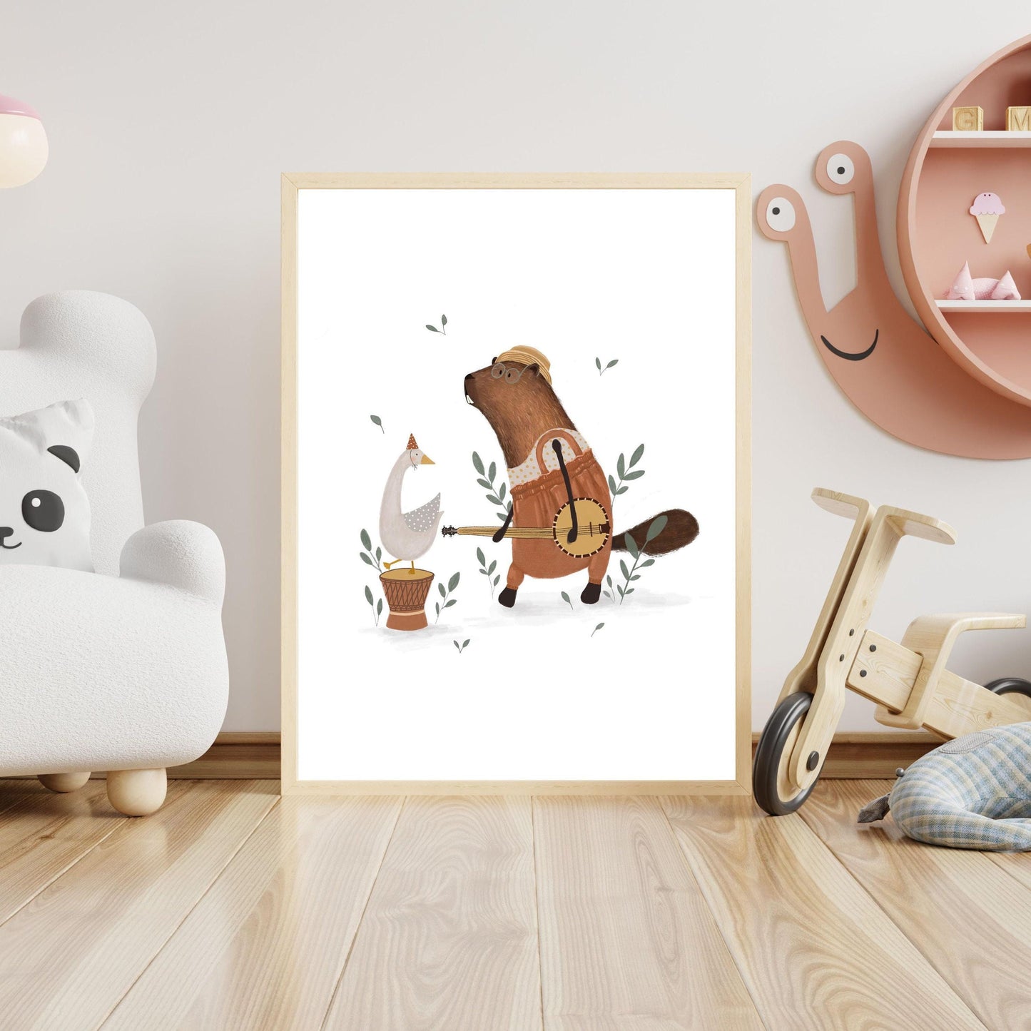 Whimsical Kids Wall Art - Beaver and Goose Musical Animal Poster for Nursery