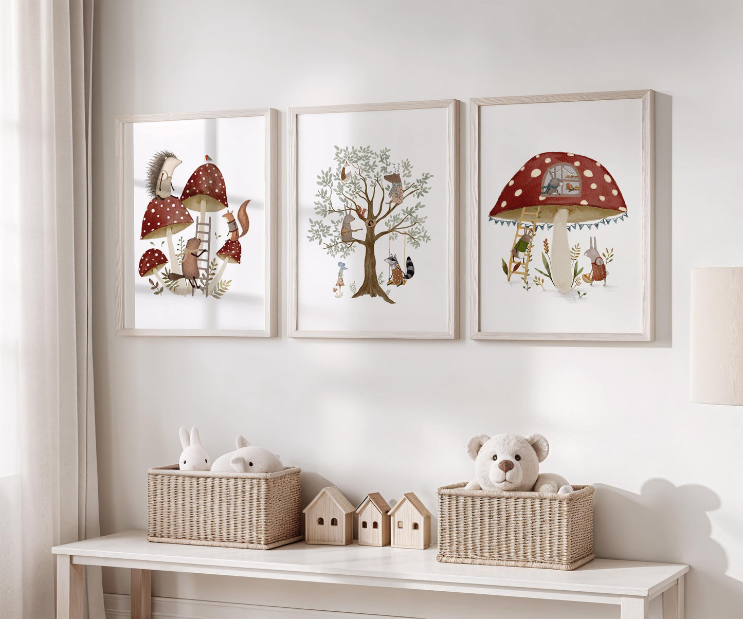 Playful woodland scene poster for nursery — charming red mushroom and forest creatures create a cozy atmosphere in this enchanting gallery set.