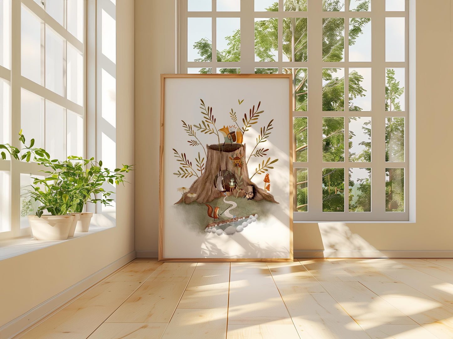 Woodland Nursery Art | Forest Animal Print & Tree Stump Illustration for Kids Room