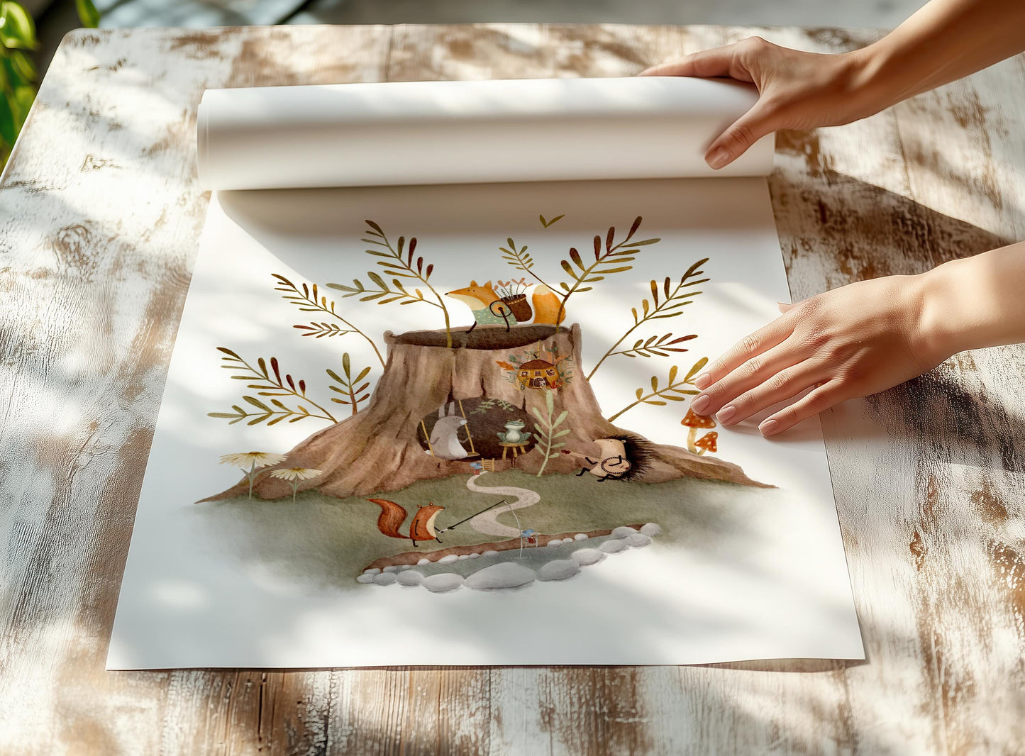 Woodland Nursery Art | Forest Animal Print & Tree Stump Illustration for Kids Room
