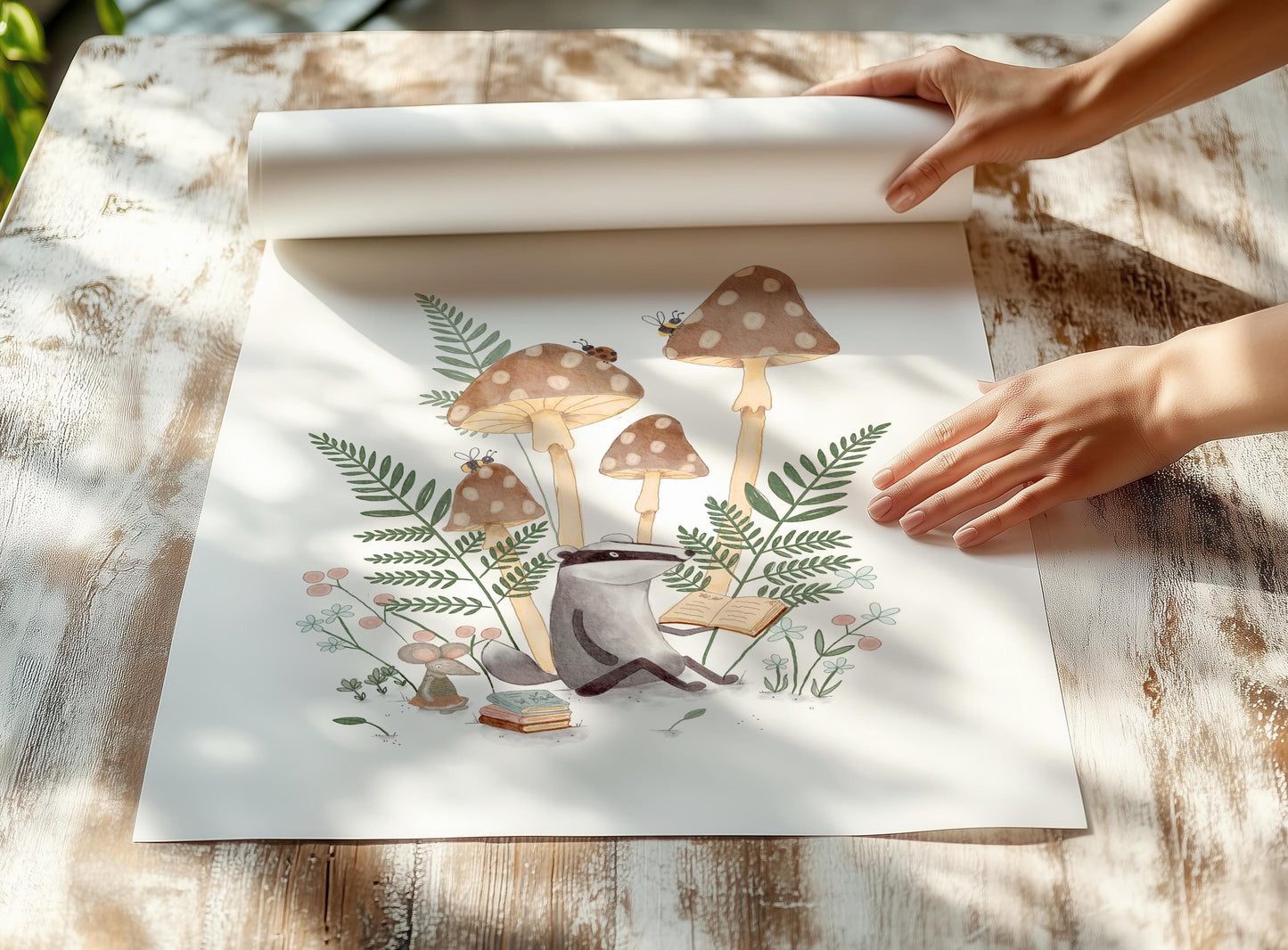 Nursery Art Print – Whimsical Mushroom Art with Cute Badger & Mouse Illustration