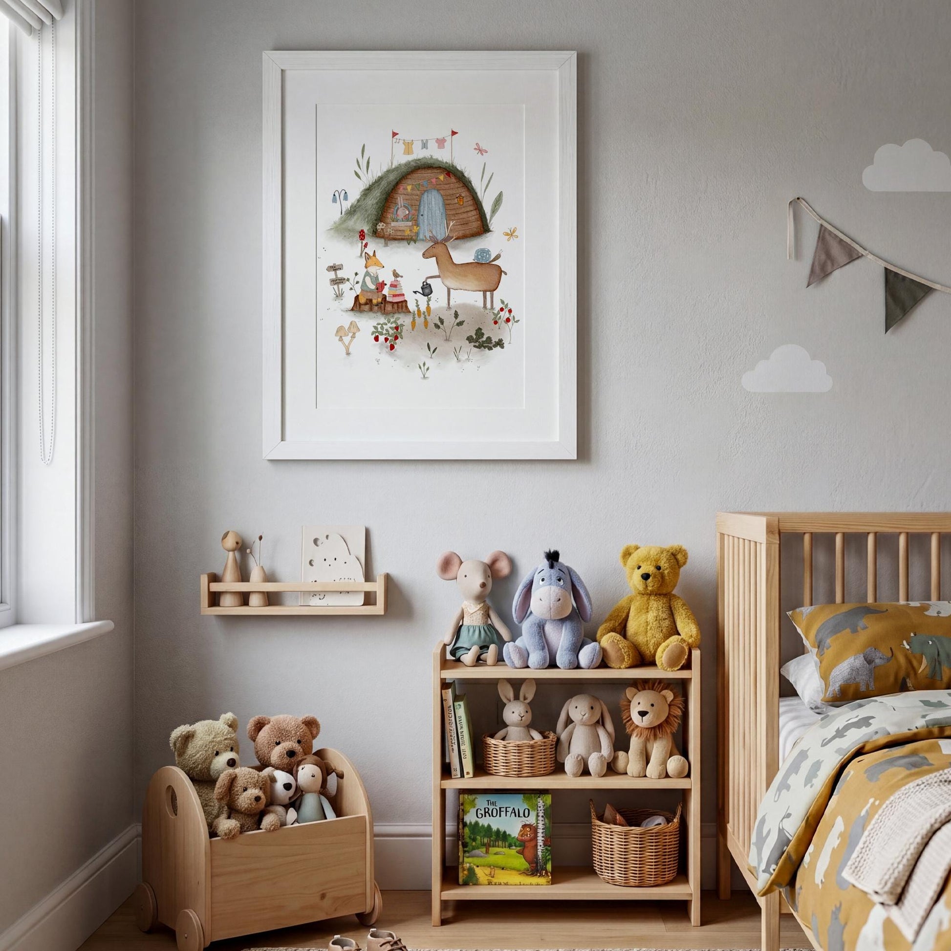 Woodland animal wall decor for children's space — whimsical bunting-trimmed dwelling with gathered creatures and foliage in tender watercolor tones