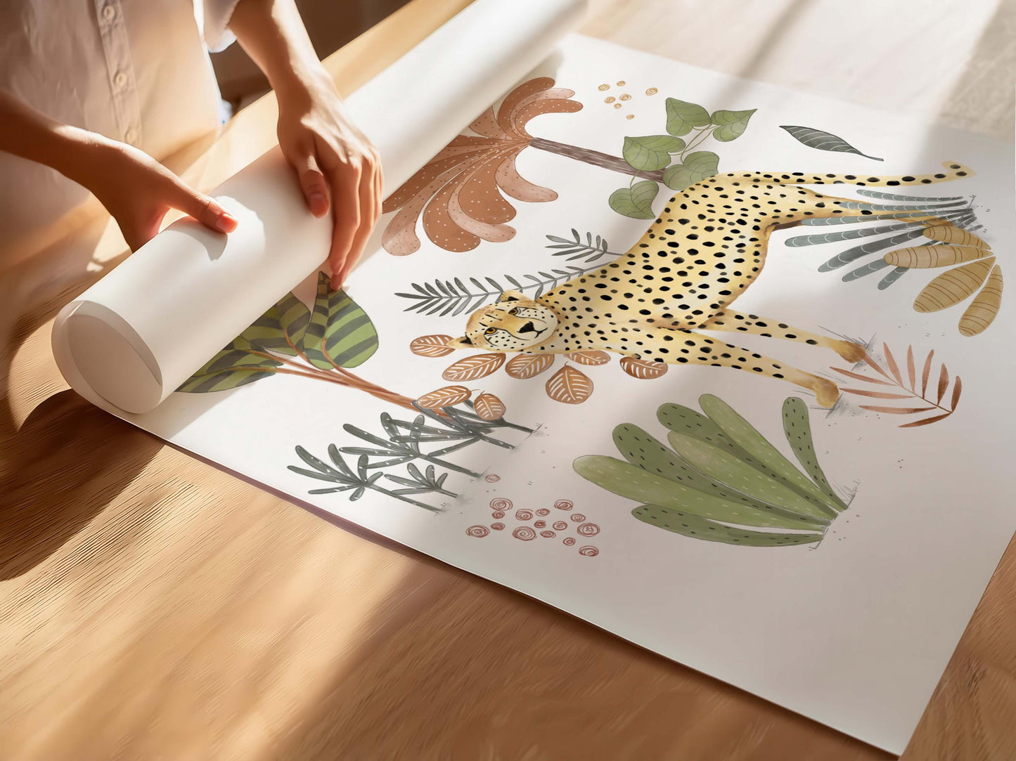 A person is rolling up a large piece of paper with a cheetah illustration on it, which appears to be a collage of various images.