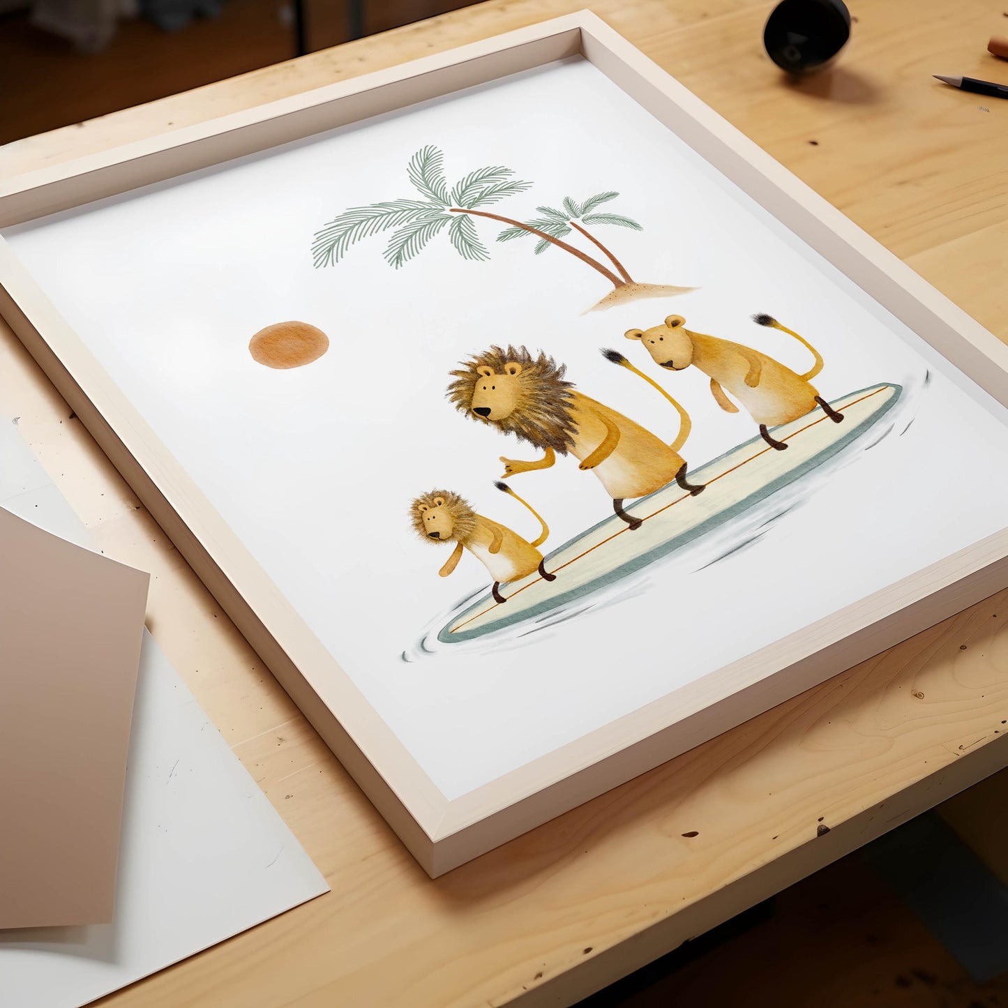 Kids Surfing Wall Art - Lion Family Beach Print | Playful Coastal Art Decor
