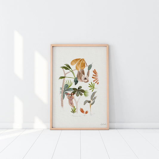 Sloth Art Print – Watercolor Sloth Painting | Botanical Jungle Wall Decor