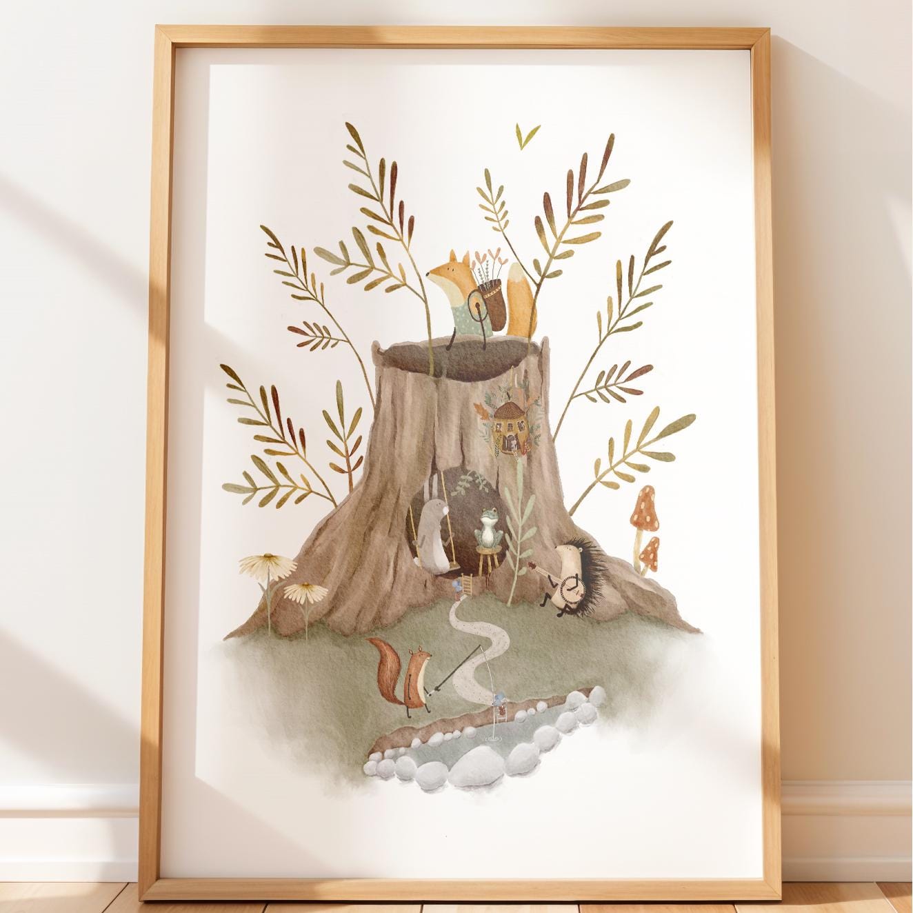 Woodland Nursery Art | Forest Animal Print & Tree Stump Illustration for Kids Room