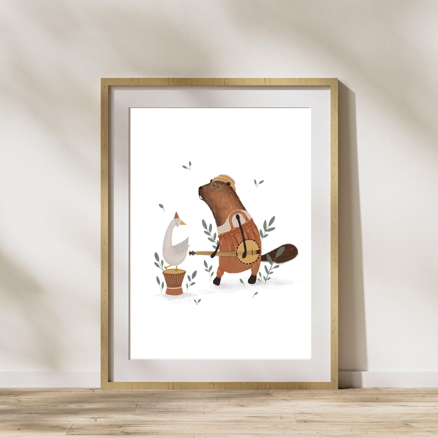 Whimsical Kids Wall Art - Beaver and Goose Musical Animal Poster for Nursery