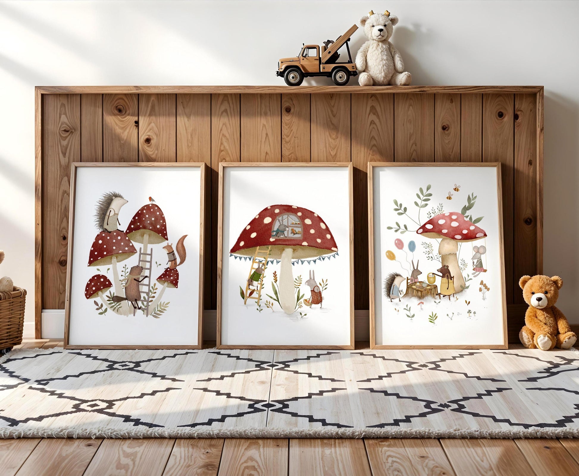 Red mushroom wall art bundle for children's room — whimsical cottagecore illustrations featuring woodland animals in a colorful forest setting.