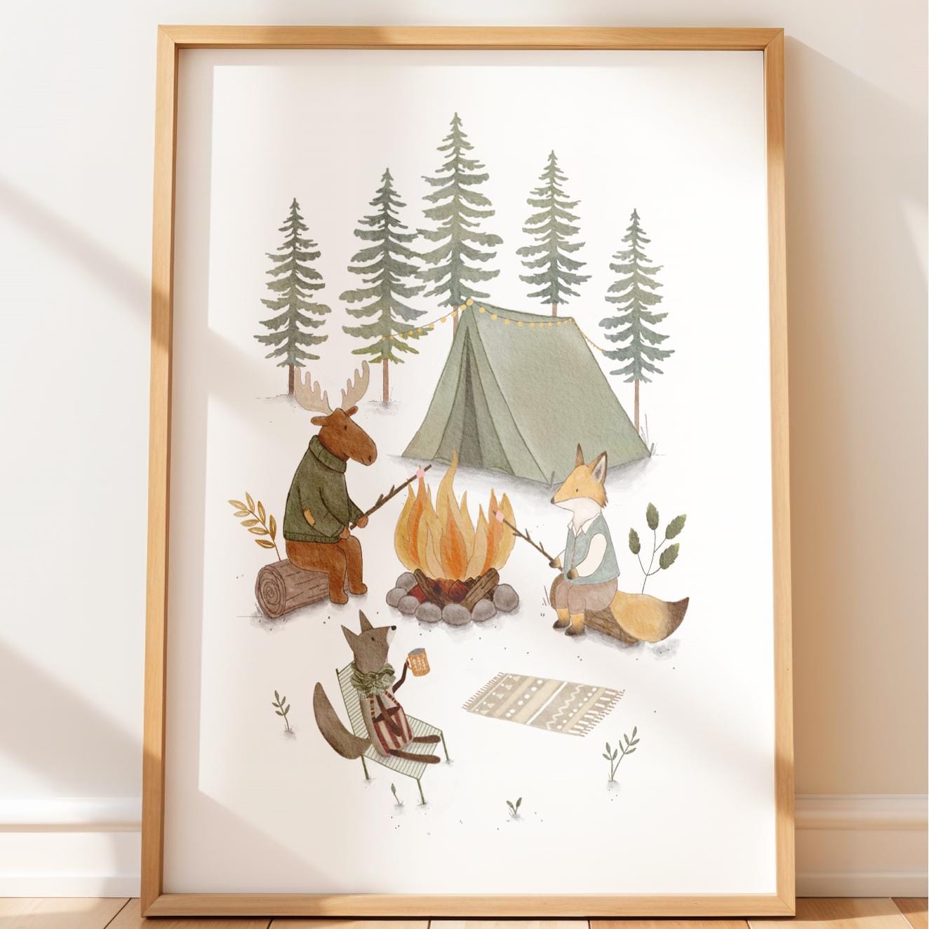 Adventure campfire painting for kids — charming outdoor scene with friendly woodland animals and glowing tent in warm cottage tones