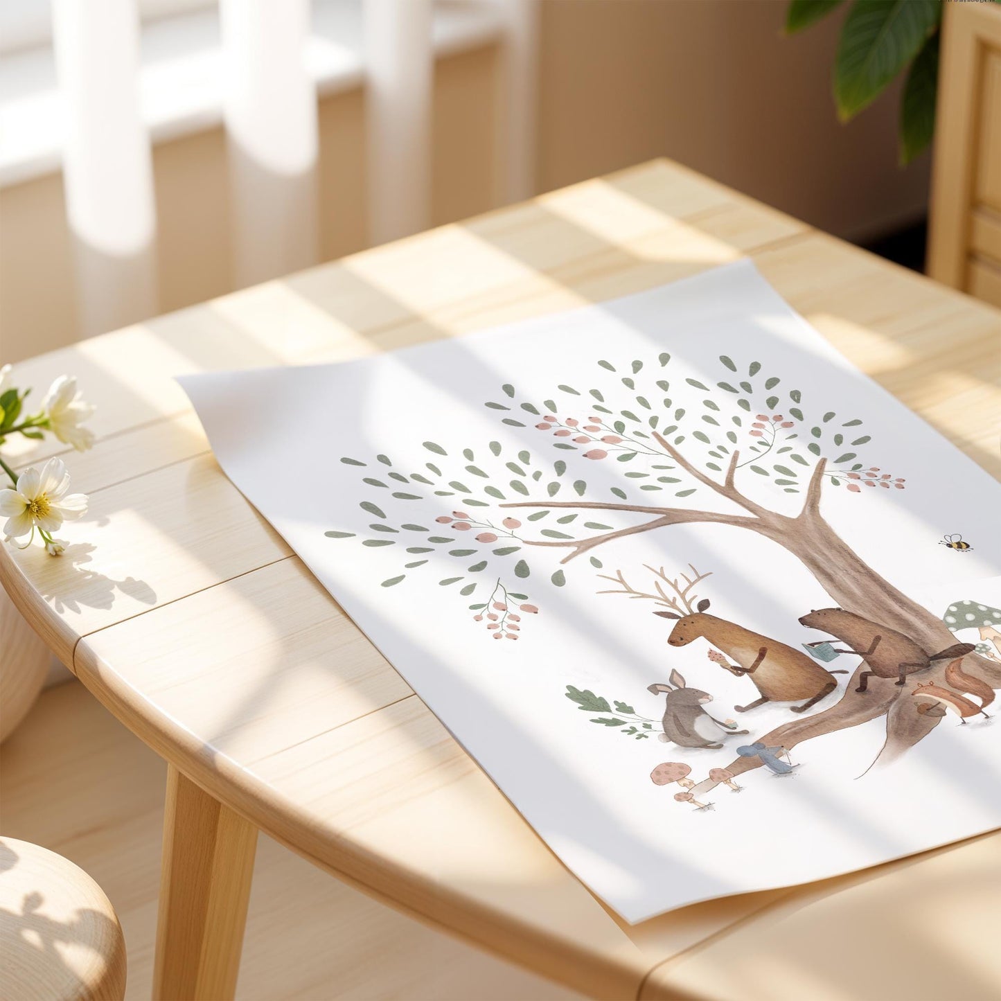 Woodland Nursery Art - Forest Animal Print | Neutral Nursery Decor, Whimsical Tree Illustration