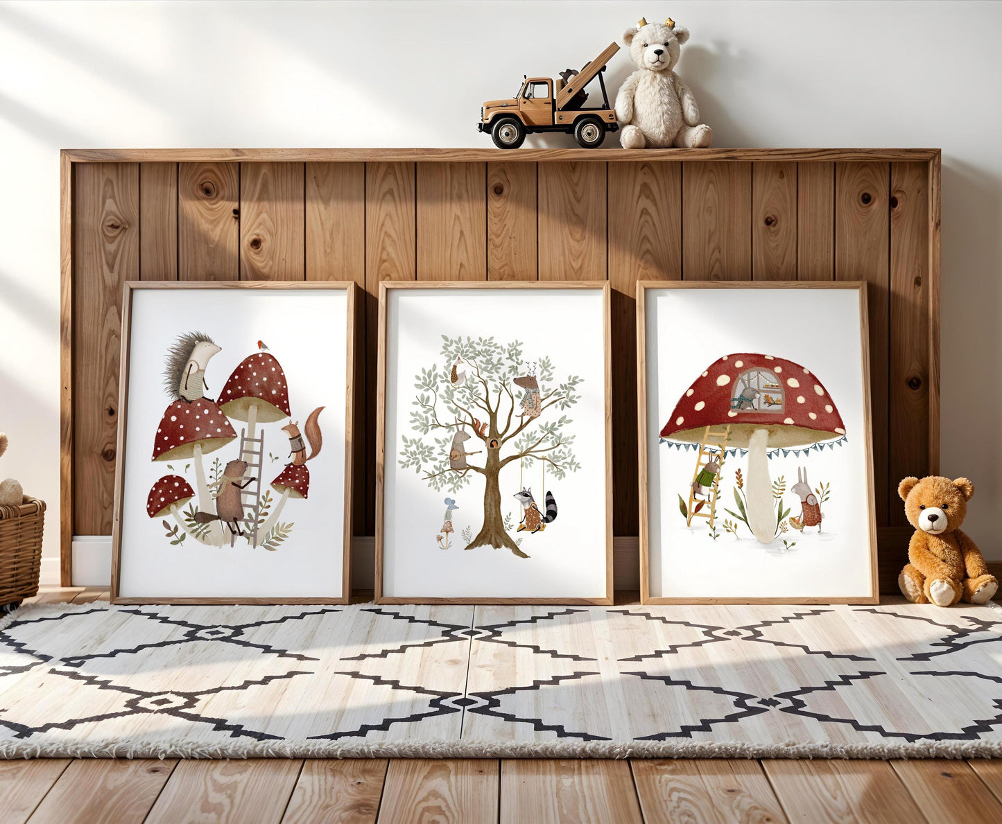 Cute illustration gallery set for playroom — enchanting prints of woodland animals and vibrant mushrooms add a cozy touch to any space.