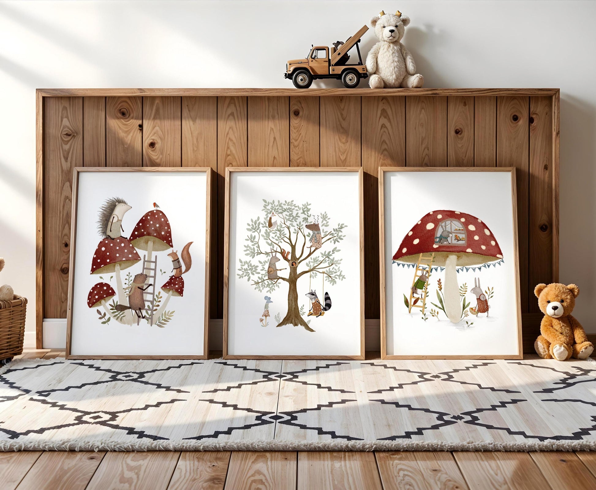 Cute illustration gallery set for playroom — enchanting prints of woodland animals and vibrant mushrooms add a cozy touch to any space.