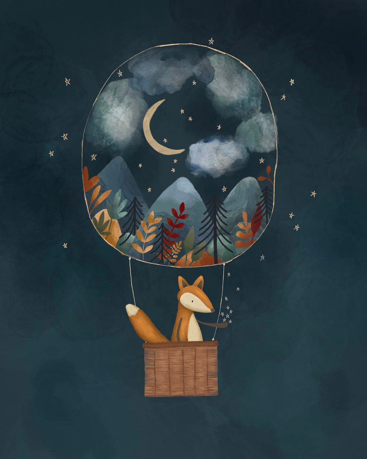 Night Sky Fox Hot Air Balloon Nursery Print