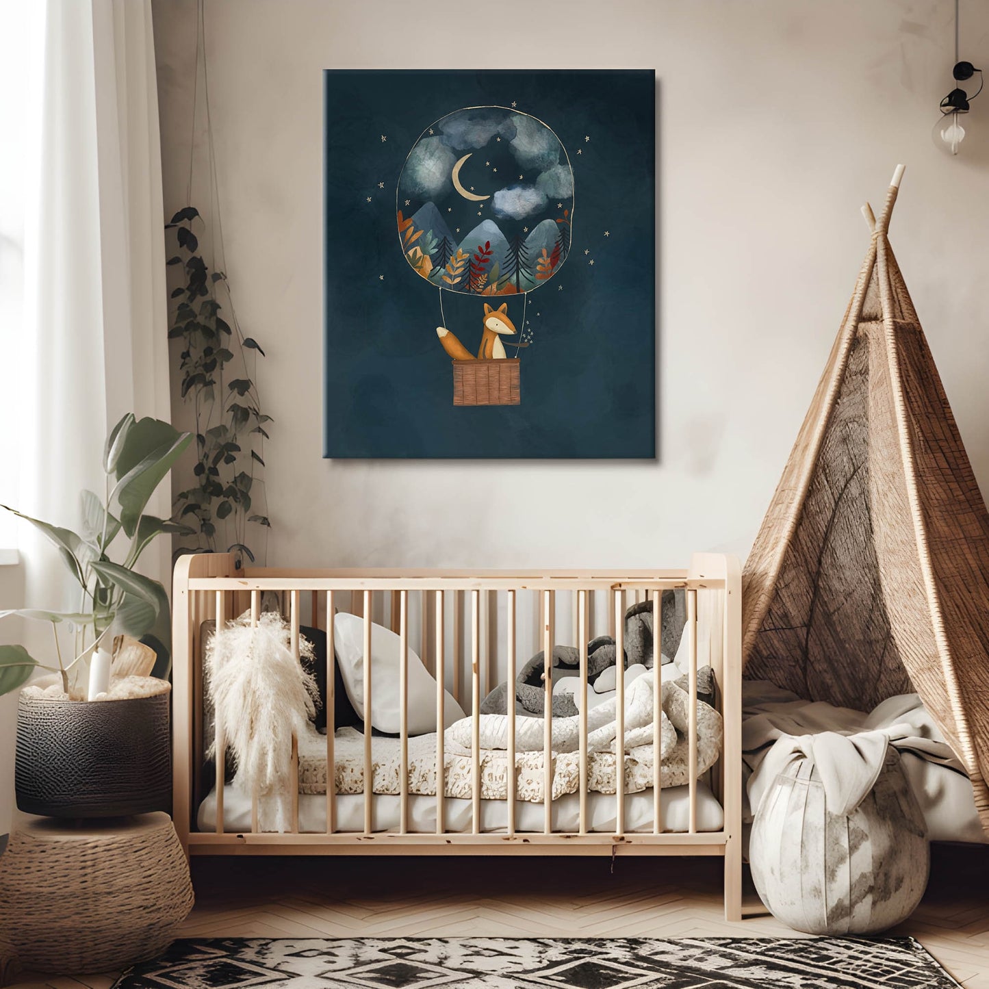 Night Sky Fox Hot Air Balloon Nursery Print