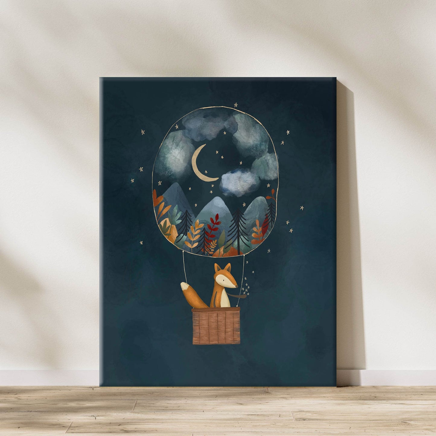 Night Sky Fox Hot Air Balloon Nursery Print