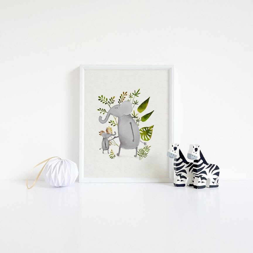 Baby Elephant Nursery Art Print - Hand Painted Wall Decor