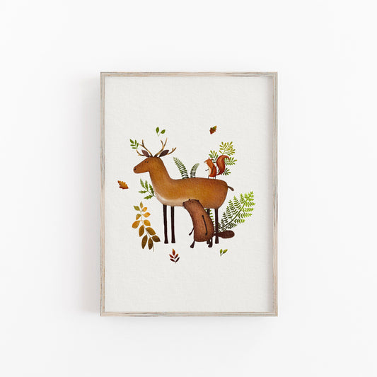 Stag and Beaver Forest Nursery Art Print