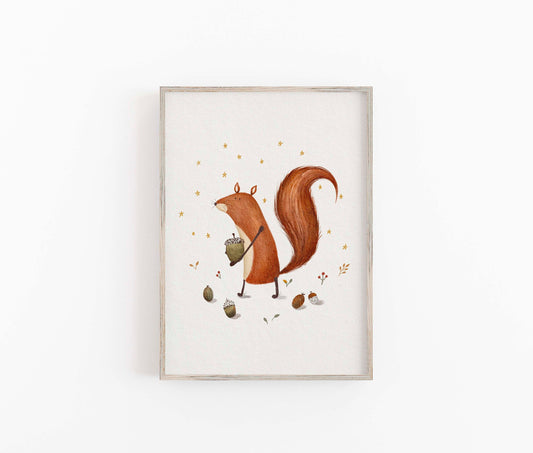 Whimsical Squirrel Art Print - Woodland Animal Wall Art for Kids