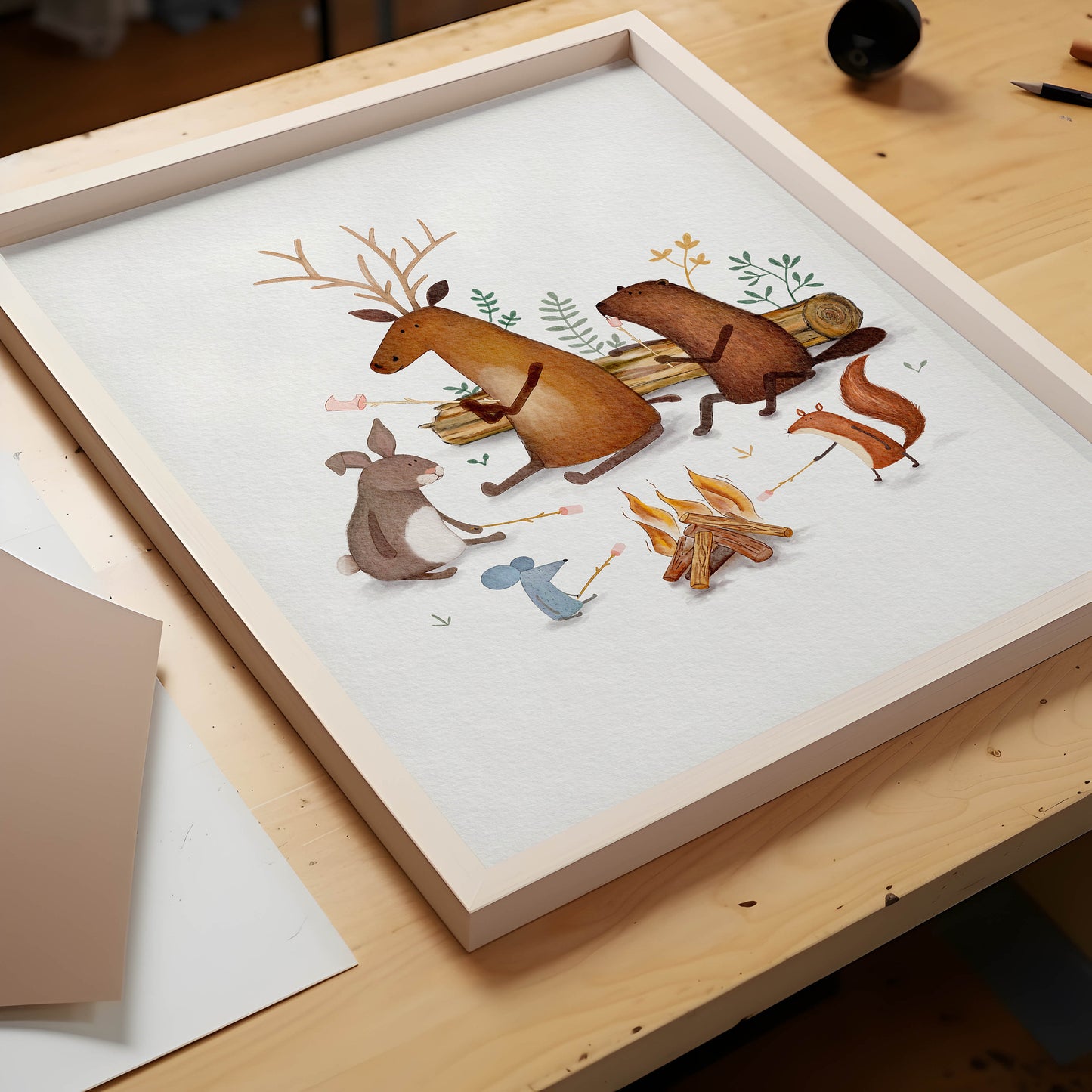 Woodland Animal Art Print - Animal Campfire Illustration