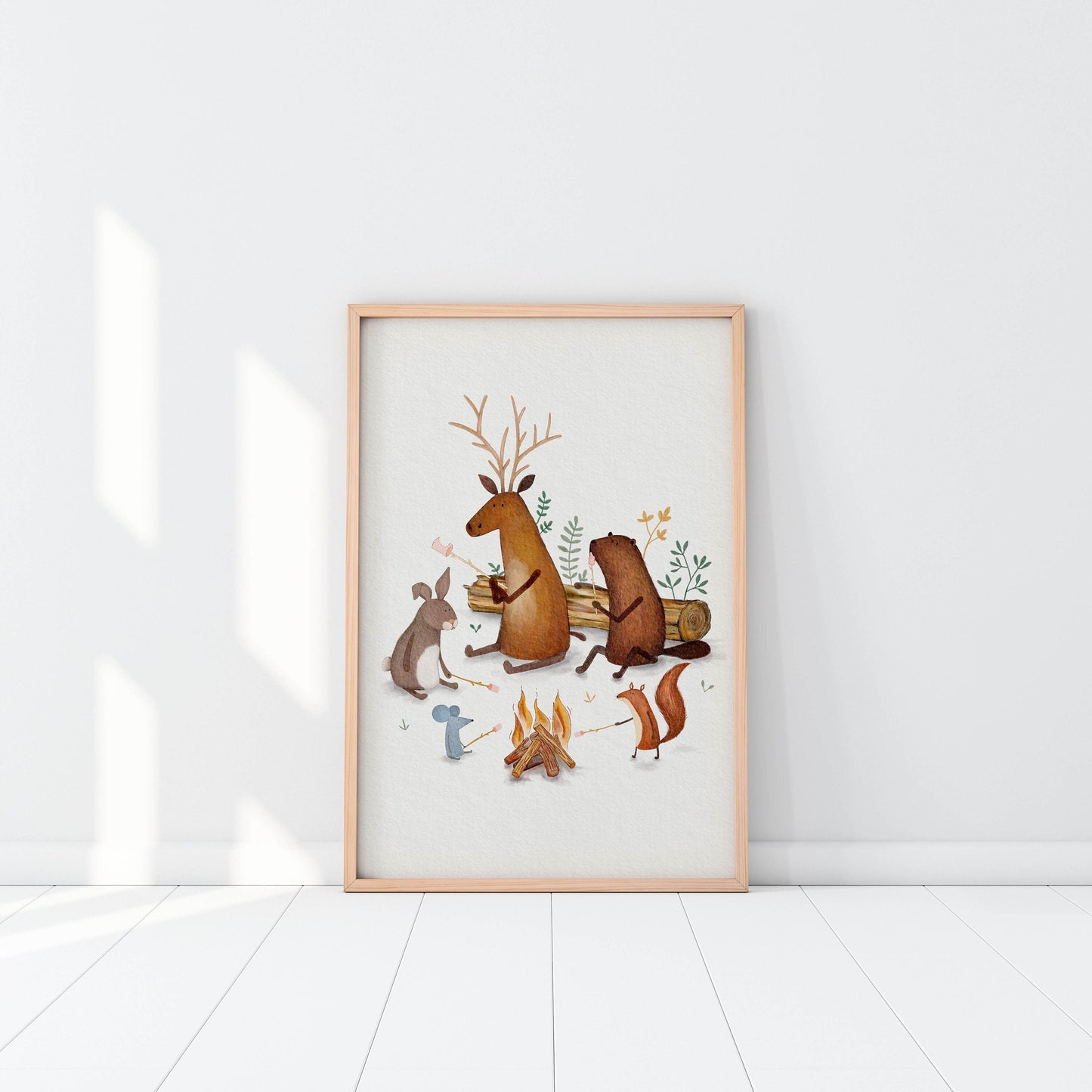 Woodland Animal Art Print - Animal Campfire Illustration