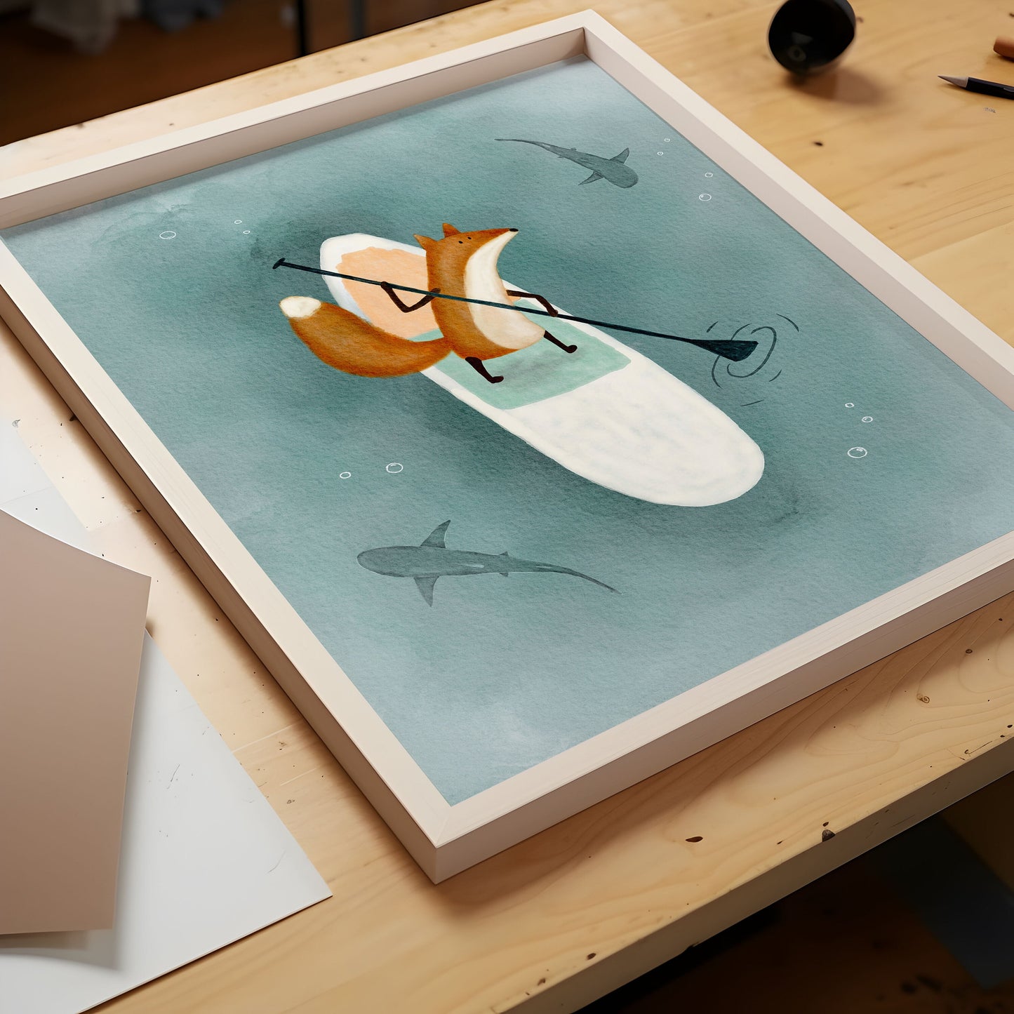 Fox Paddle-boarding Animal Illustration