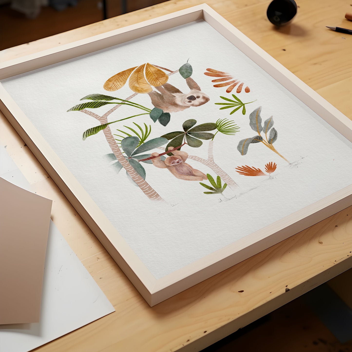 Sloth and Jungle Watercolor Art - Botanical Print