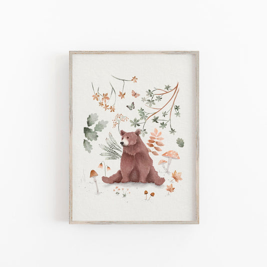 Whimsical Bear & Mushroom Art Print