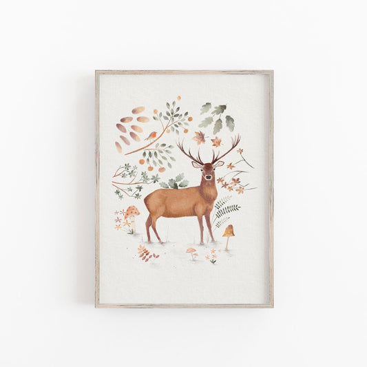 Whimsical Stag Art Print - Woodland Animals Natural Decor