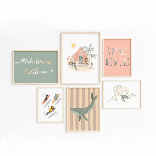 Girls Nursery Surf Art Print Set - Baby Girl Room Decor