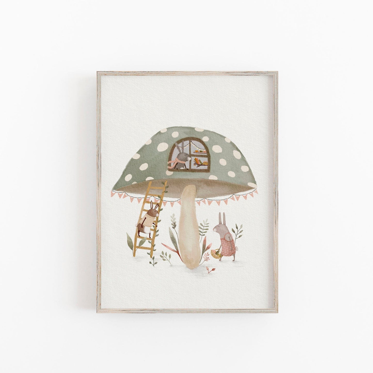 a painting of a mushroom house with a ladder