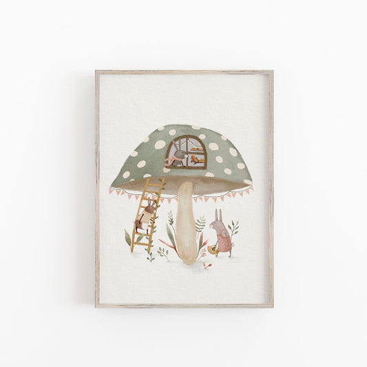 a painting of a mushroom house with a ladder