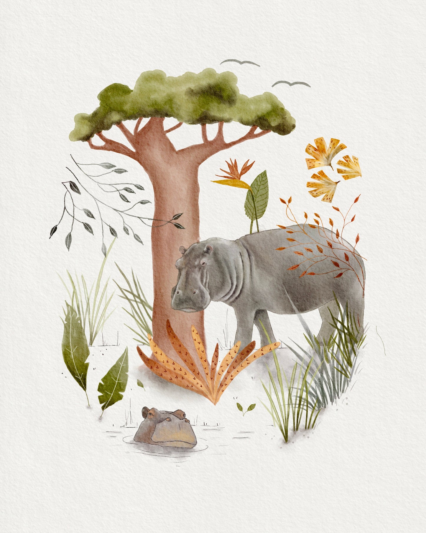 Hippo Art Print for Kids Room - Safari Animal Decor