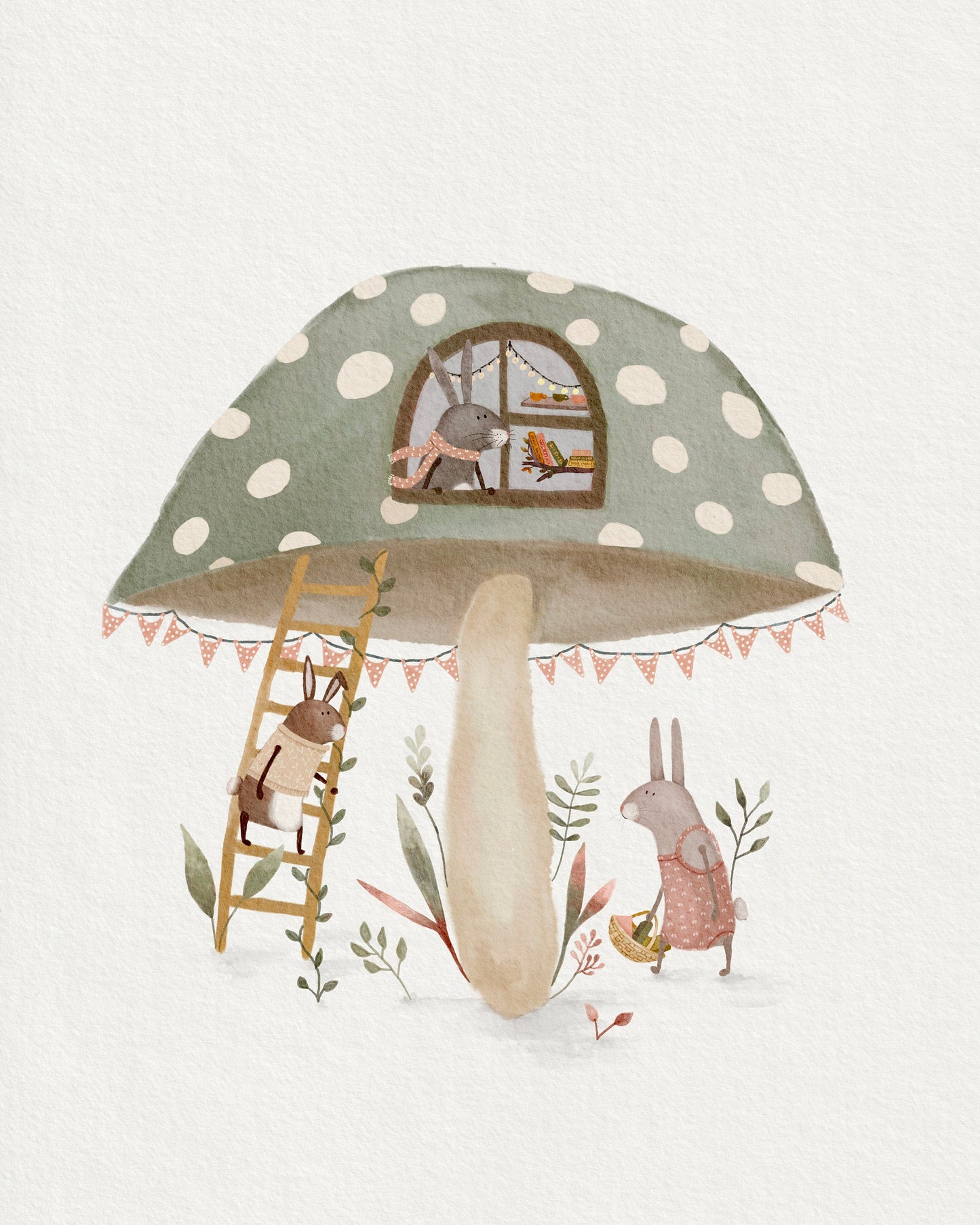 Childrens Whimsical Mushroom and Bunny Art Print Decor