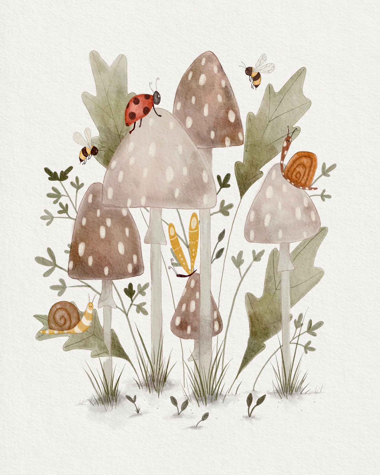 Nursery Mushroom and Floral Art Prints with Insects and Snails