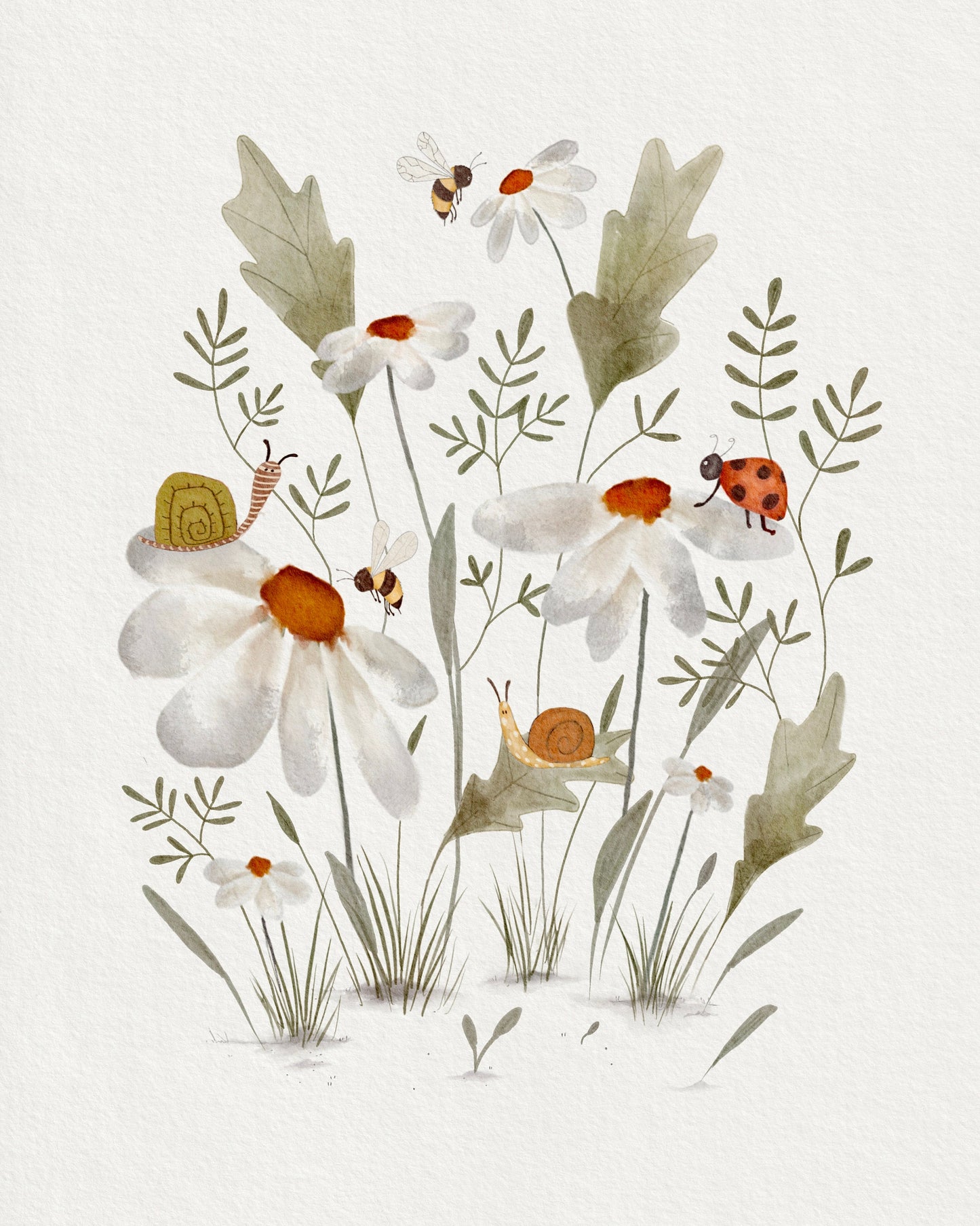 Nursery Mushroom and Floral Art Prints with Insects and Snails