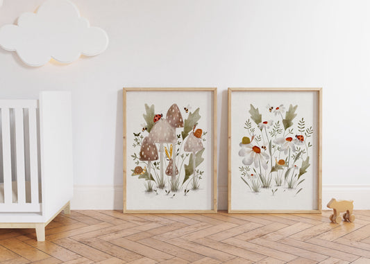 Nursery Mushroom and Floral Art Prints with Insects and Snails