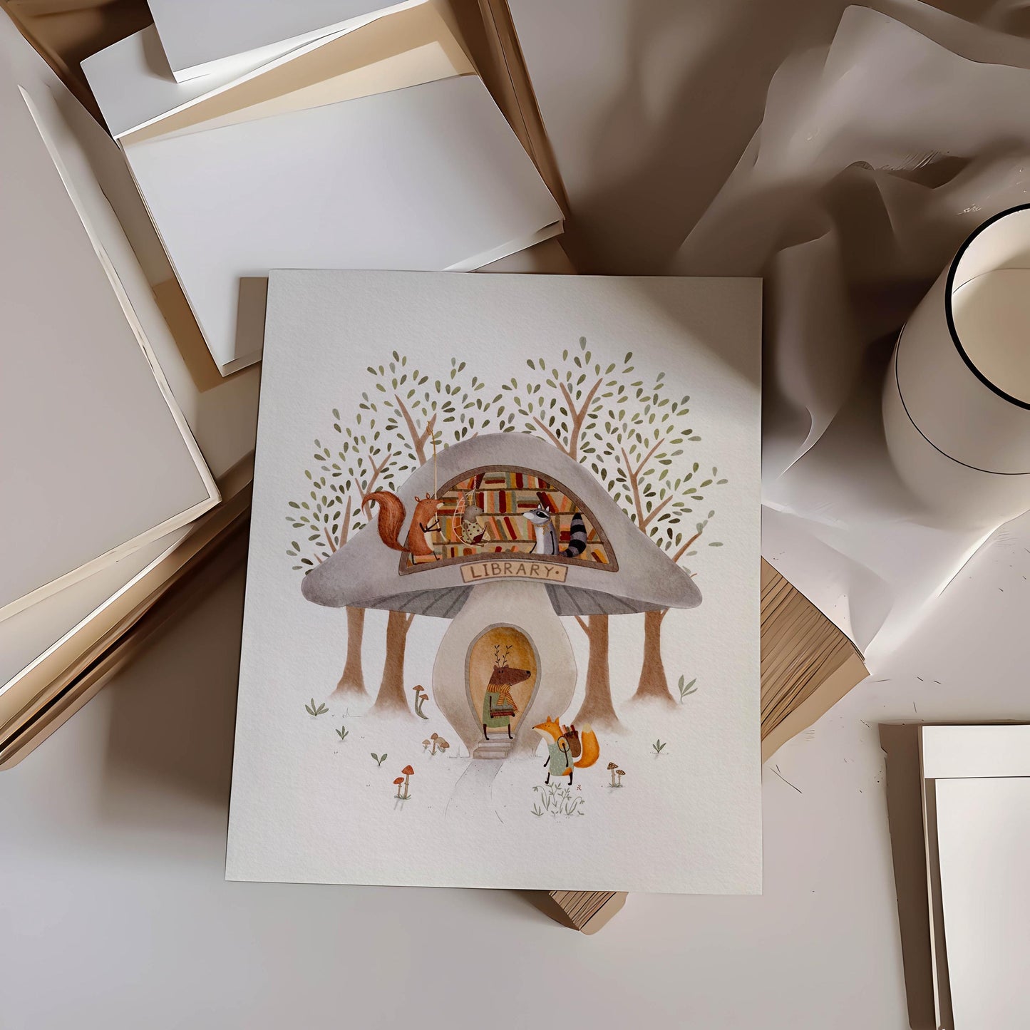 Mushroom Library Art Print - Whimsical Reading Theme