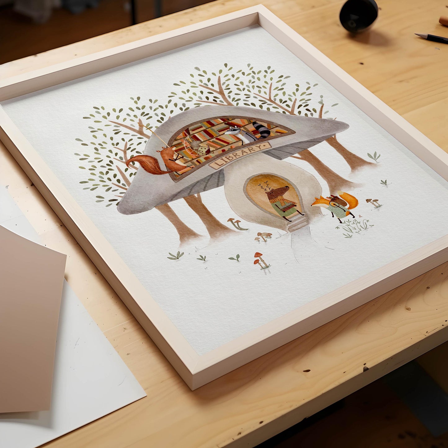 Mushroom Library Art Print - Whimsical Reading Theme