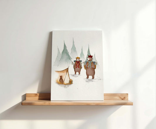 Bear Camping Canvas Wall Art - Outdoors  Nature Nursery Decor